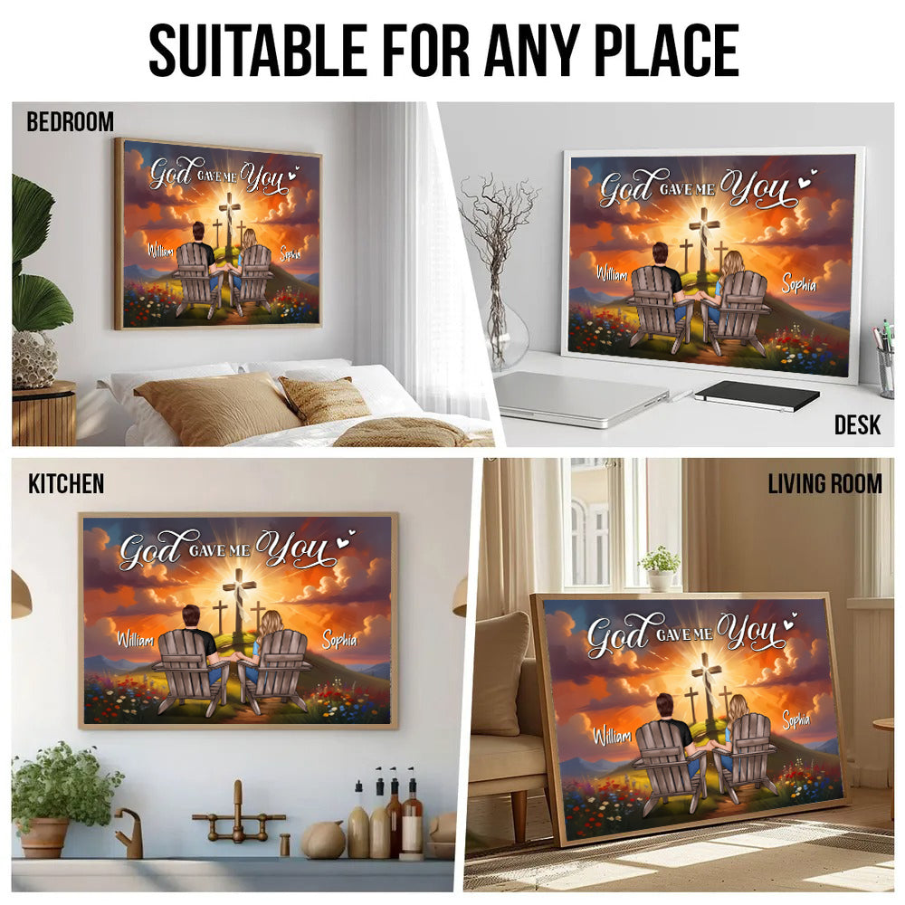 Cross God Gave Me You Couple Sitting - Personalized Canvas Prints - Gift For Her/Him, Husband/Wife, Couples on Anniversary, Valentine's Day