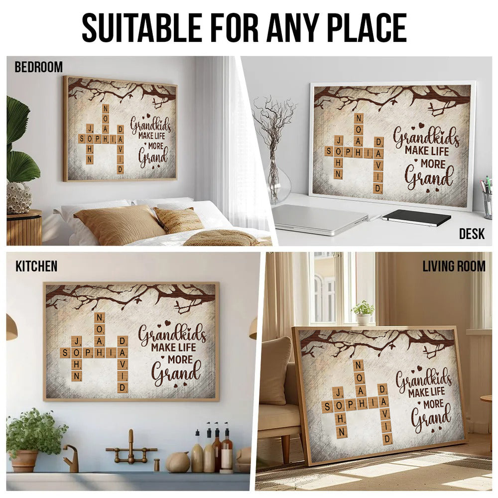 Grandkids Make Life More Grand Family Crossword - Personalized Canvas - Gift for Grandma, Nana, Grandparent