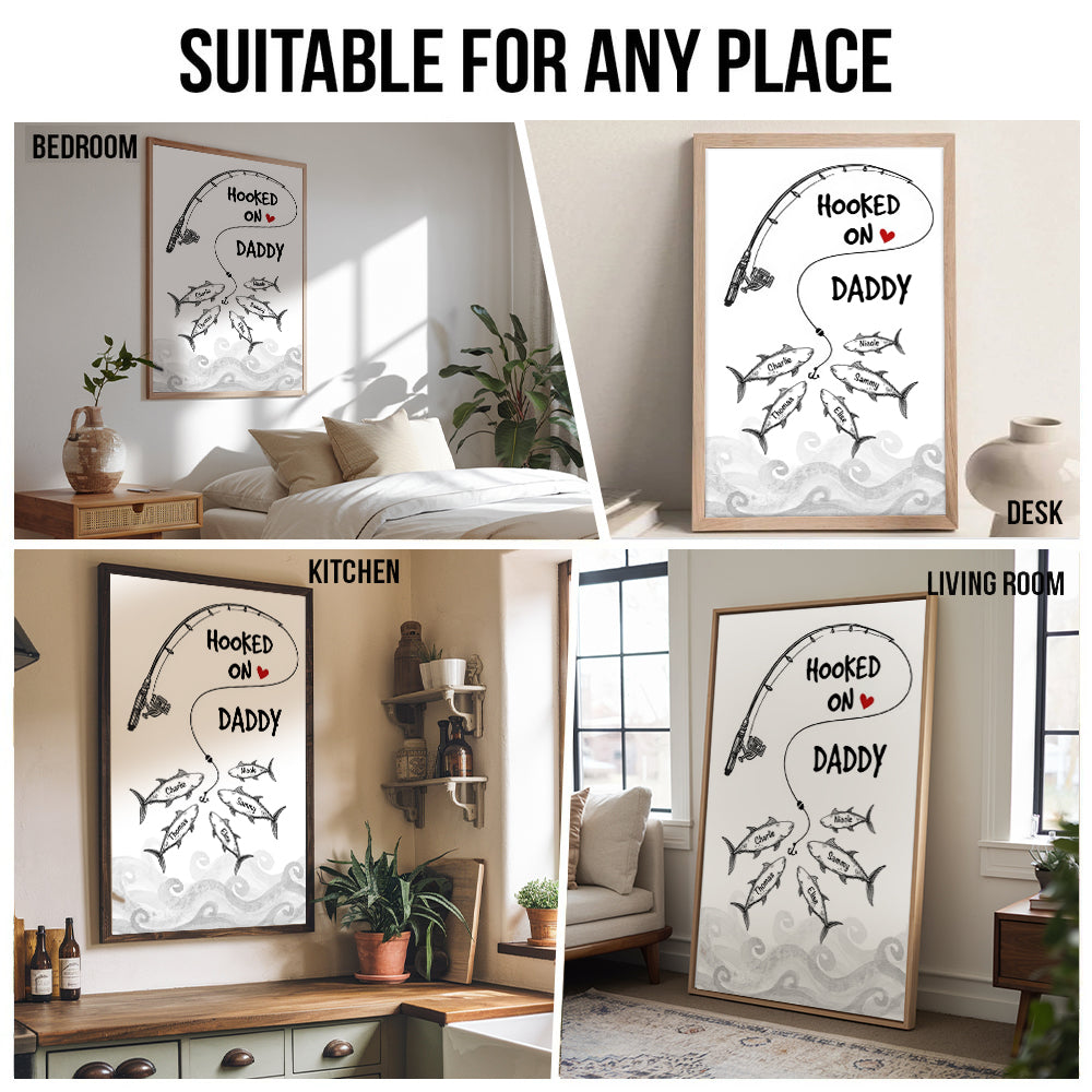 Fishes Hooked On Daddy Grandpa - Personalized Canvas Print - Father's Day Gift For Fisher, Fisherman, Fishing Lovers