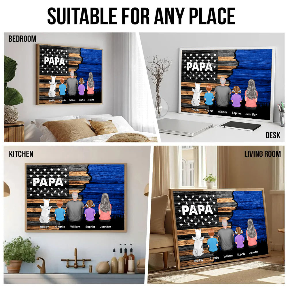 Dad Grandpa Back View Sitting With Kids Half Nation Flag - Personalized Canvas - Gift For Dad, Grandpa, Father's Day
