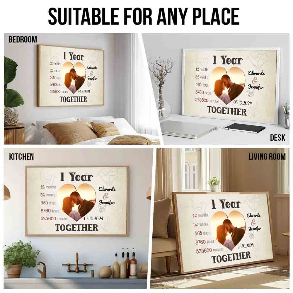 Custom Photo 1 Year Together Heart-Shaped Couple - Personalized Canvas Print - Gift For Her/Him, Husband/Wife, Couples on Anniversary, Valentine's Day