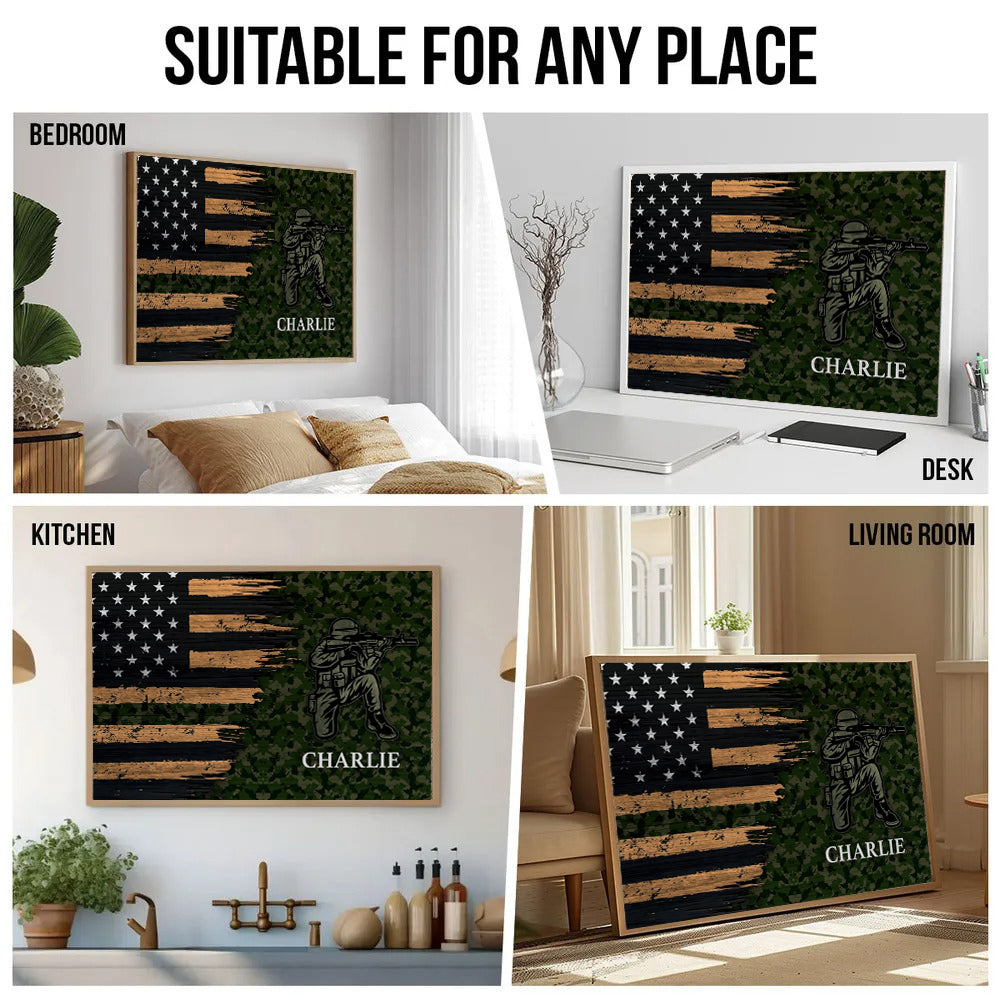 Half Thin Green Line Patriotic American Flag - Personalized Canvas - Gift For Army, Military Veteran Dad Grandpa Veteran