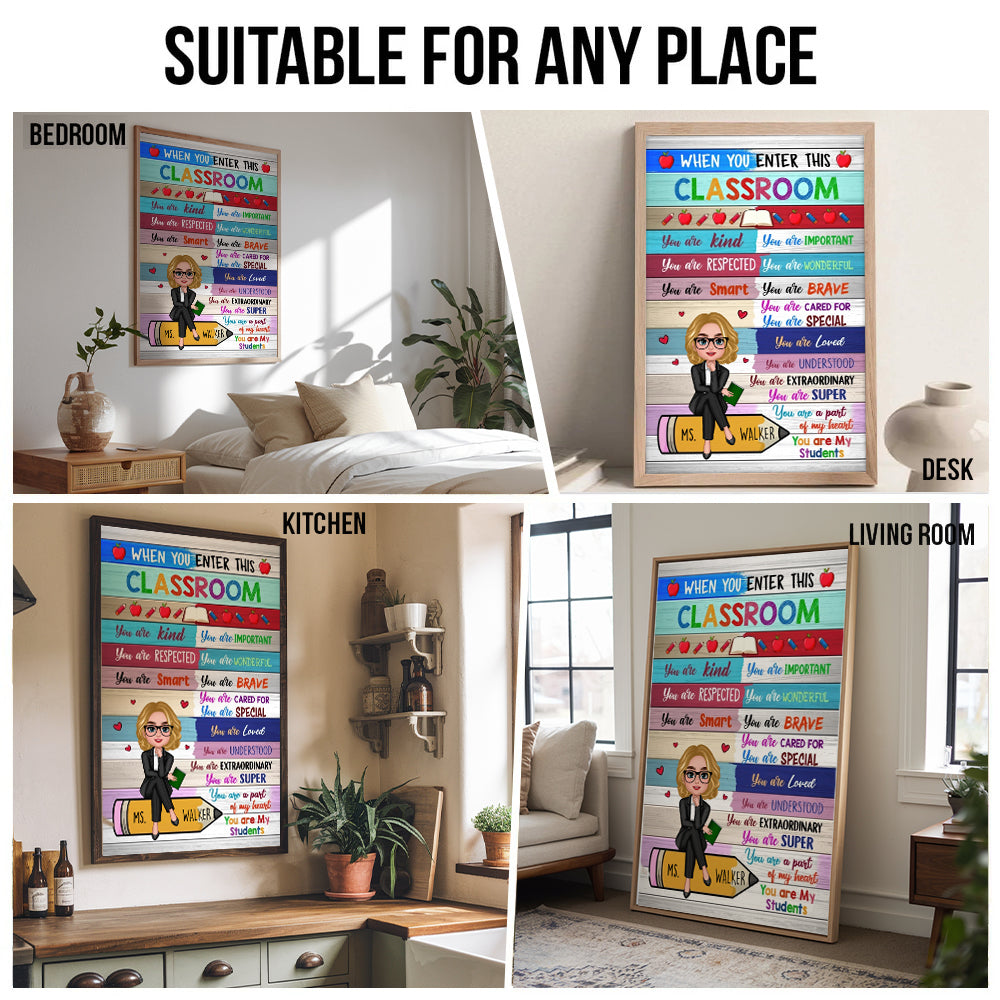 Colorful Teacher Sitting On Pencil - Personalized Canvas - Back To School, 1st Day of School - Custom Gift For Teachers & Educators, Classroom Decoration