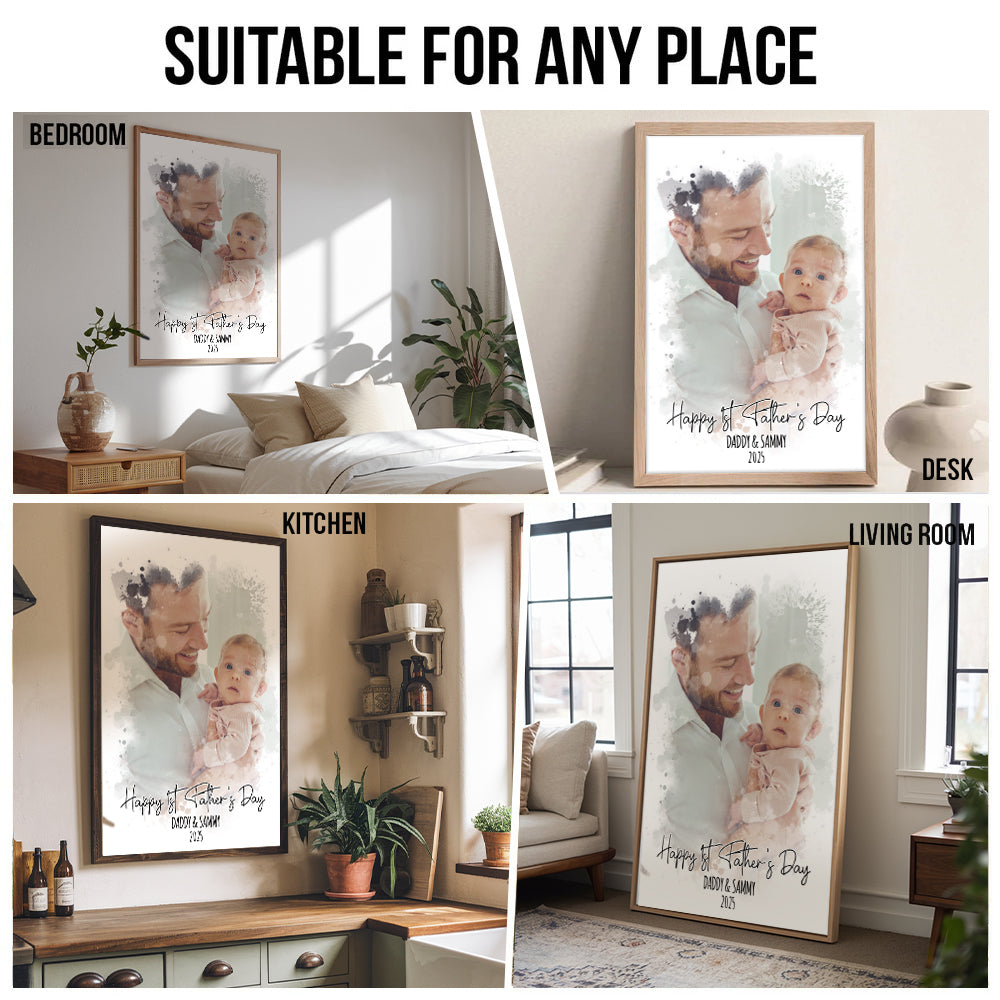 Custom Photo Watercolor First Father's Day - Personalized Canvas - New Dad Gift From Wife, First Father's Day