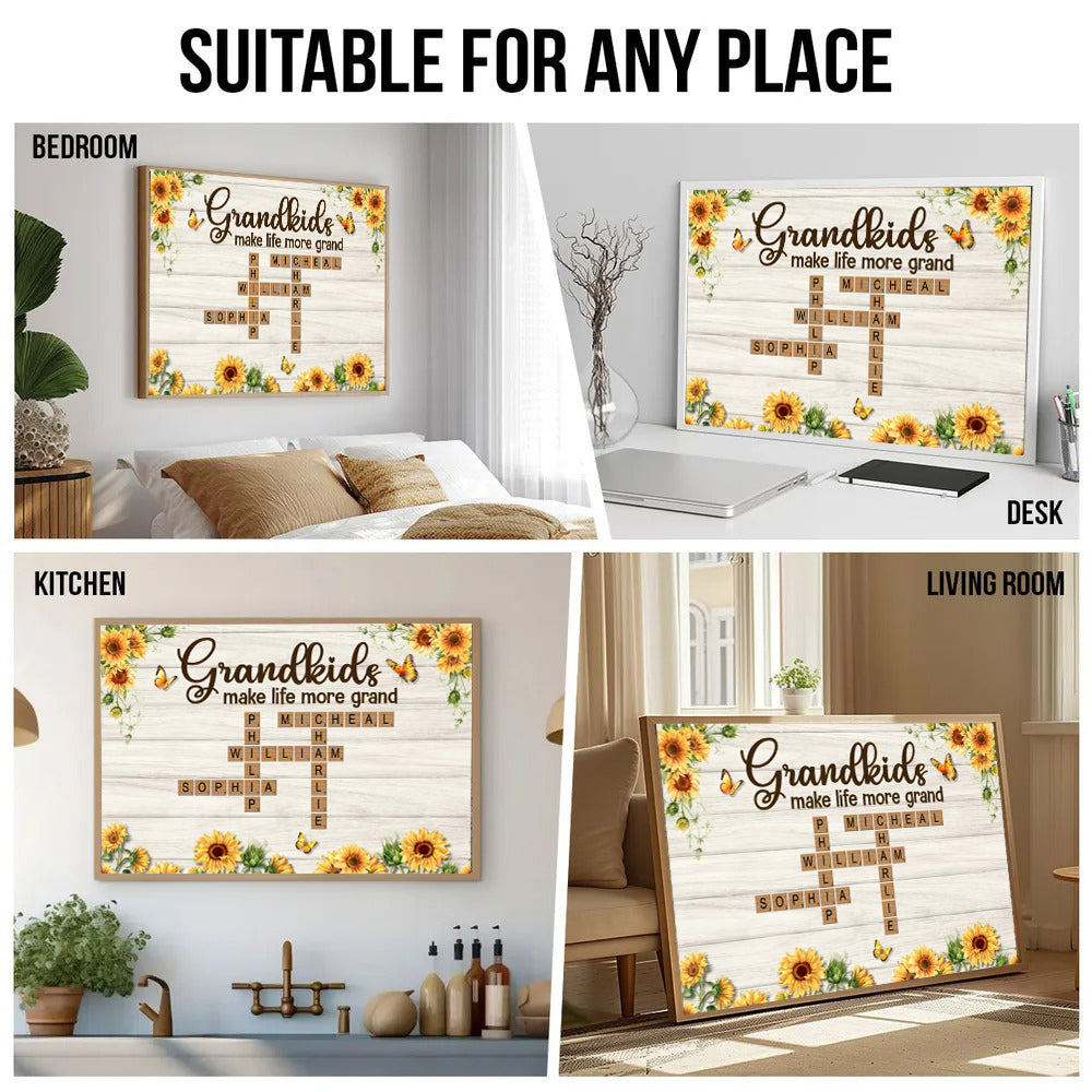Grandkids Make Life More Grand Crossword Puzzle Sunflower - Personalized Canvas - Gift for Grandma, Nana, Grandparent
