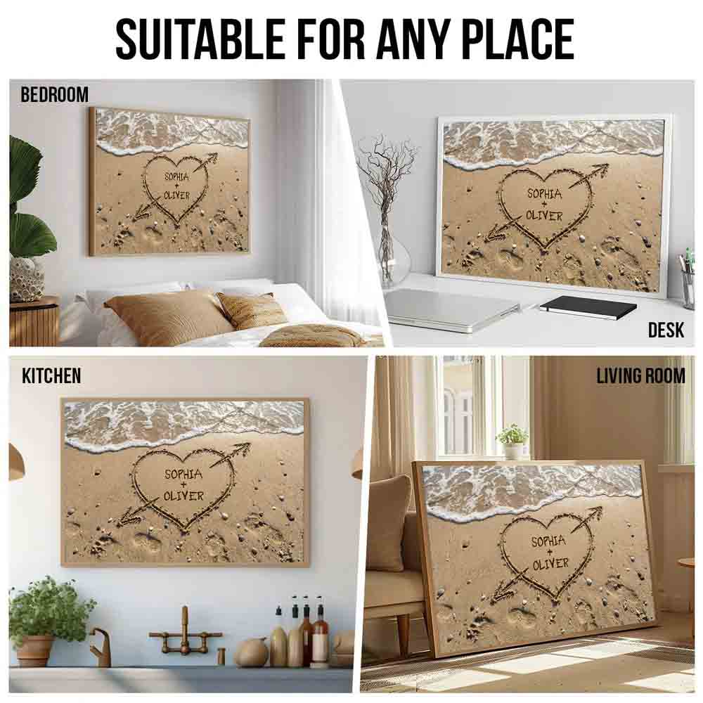 Couple Names Heart in Sand - Personalized Canvas Prints - Gift For Her/Him, Husband/Wife, Couples on Anniversary, Valentine's Day