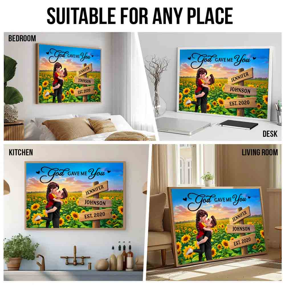 Couple Hugging Kissing Sunflower Field - Personalized Canvas Prints - Gift For Her/Him, Husband/Wife, Couples on Anniversary, Valentine's Day