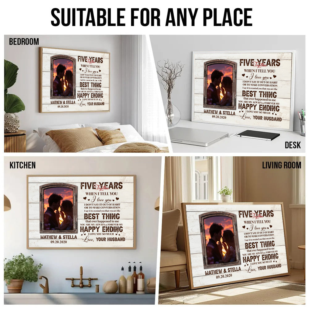 Custom Photo Five Years Together Couple - Personalized Canvas Print - Gift For Her/Him, Husband/Wife, Couples on Anniversary, Valentine's Day