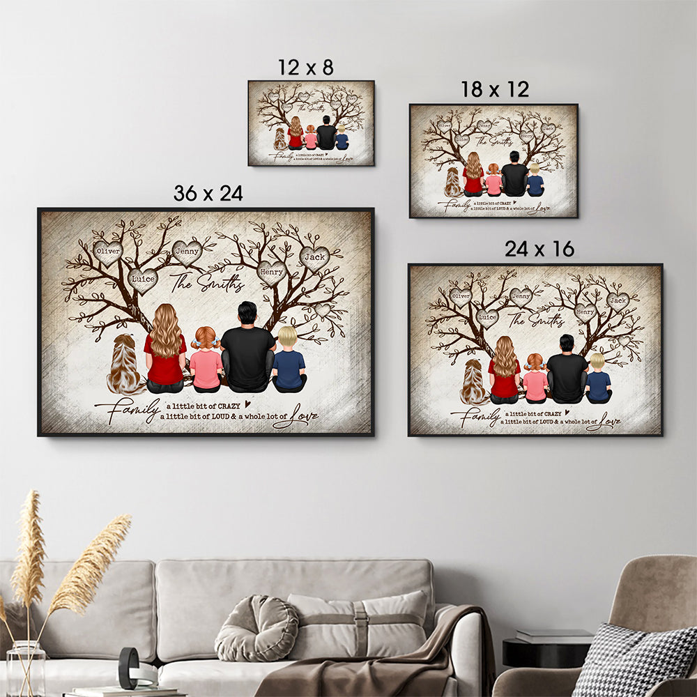 Family Heart Tree Sitting - Personalized Horizontal Canvas - Gift For Family Members, Mom and Dad, Dog, Cat