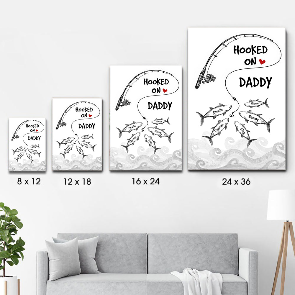 Fishes Hooked On Daddy Grandpa - Personalized Canvas Print - Father's Day Gift For Fisher, Fisherman, Fishing Lovers