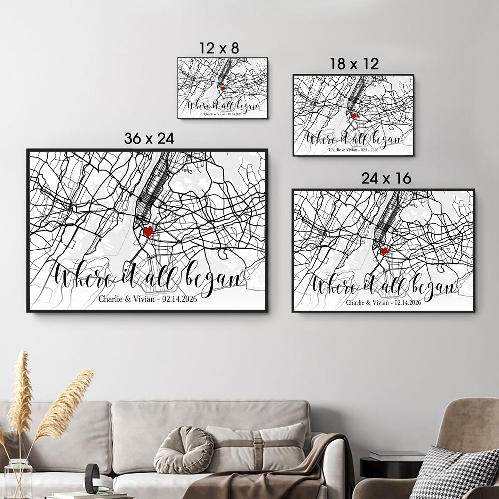 Custom Map Couple Where It All Began - Personalized Canvas Prints - Gift For Her/Him, Husband/Wife, Couples on Anniversary, Valentine's Day