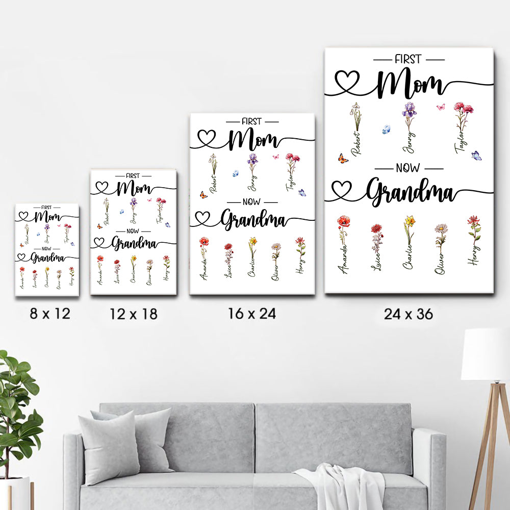 Birth Month Flower First Mom Now Grandma - Personalized Canvas - Gift For Gift For Grandma, Mom, Mother's Day