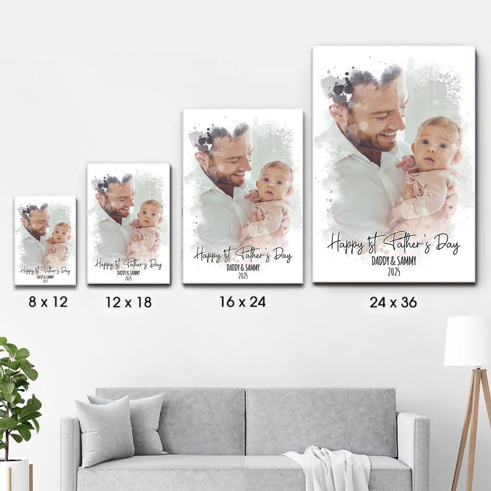 Custom Photo Watercolor First Father's Day - Personalized Canvas - New Dad Gift From Wife, First Father's Day