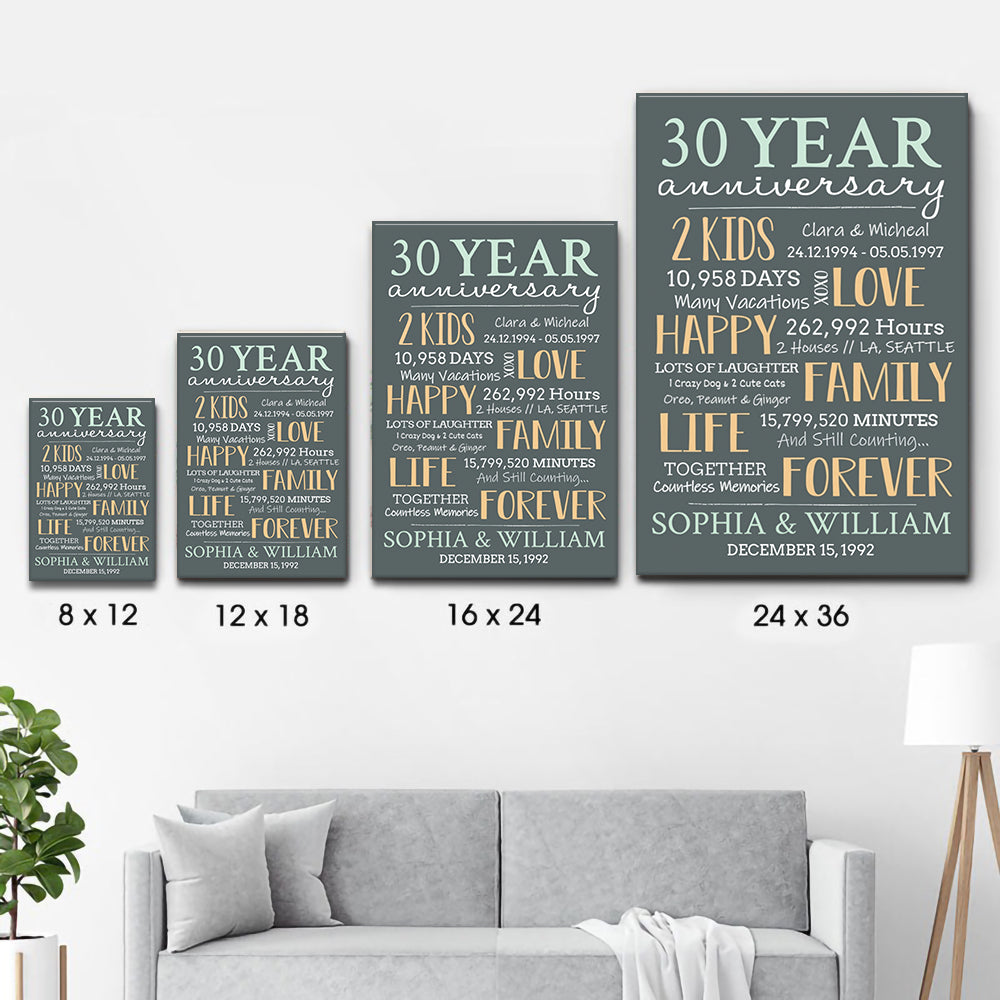 30-Year Milestone Anniversary Couple - Personalized Canvas Print - Gift For Her/Him, Husband/Wife, Couples on Anniversary, Valentine's Day
