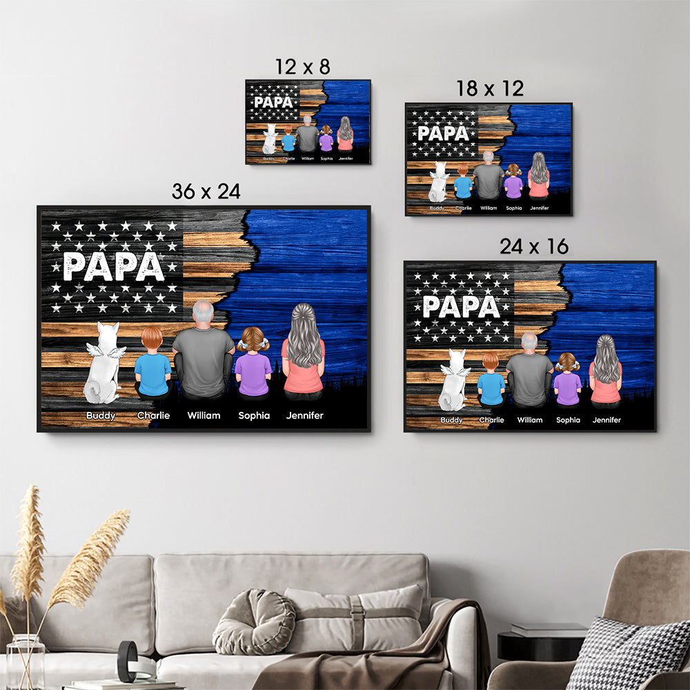 Dad Grandpa Back View Sitting With Kids Half Nation Flag - Personalized Canvas - Gift For Dad, Grandpa, Father's Day