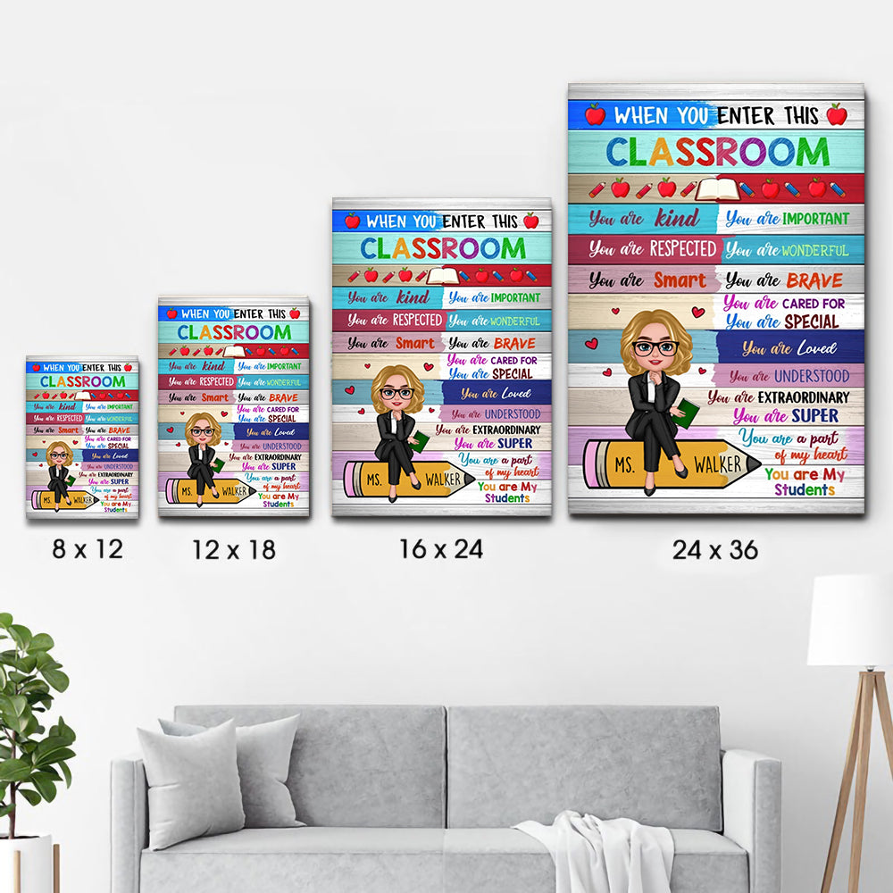 Colorful Teacher Sitting On Pencil - Personalized Canvas - Back To School, 1st Day of School - Custom Gift For Teachers & Educators, Classroom Decoration