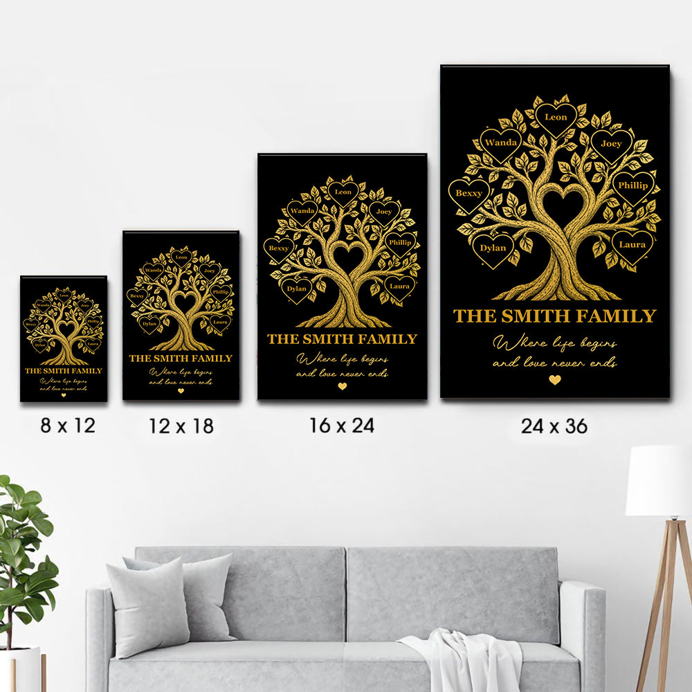 Family Tree With Names Where Life Begins And Love Never Ends - Personalized Canvas Prints - Gift For Family Members, Mom and Dad