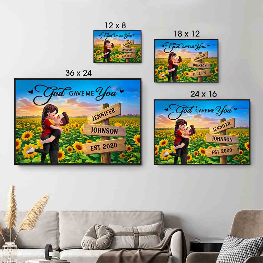 Couple Hugging Kissing Sunflower Field - Personalized Canvas Prints - Gift For Her/Him, Husband/Wife, Couples on Anniversary, Valentine's Day