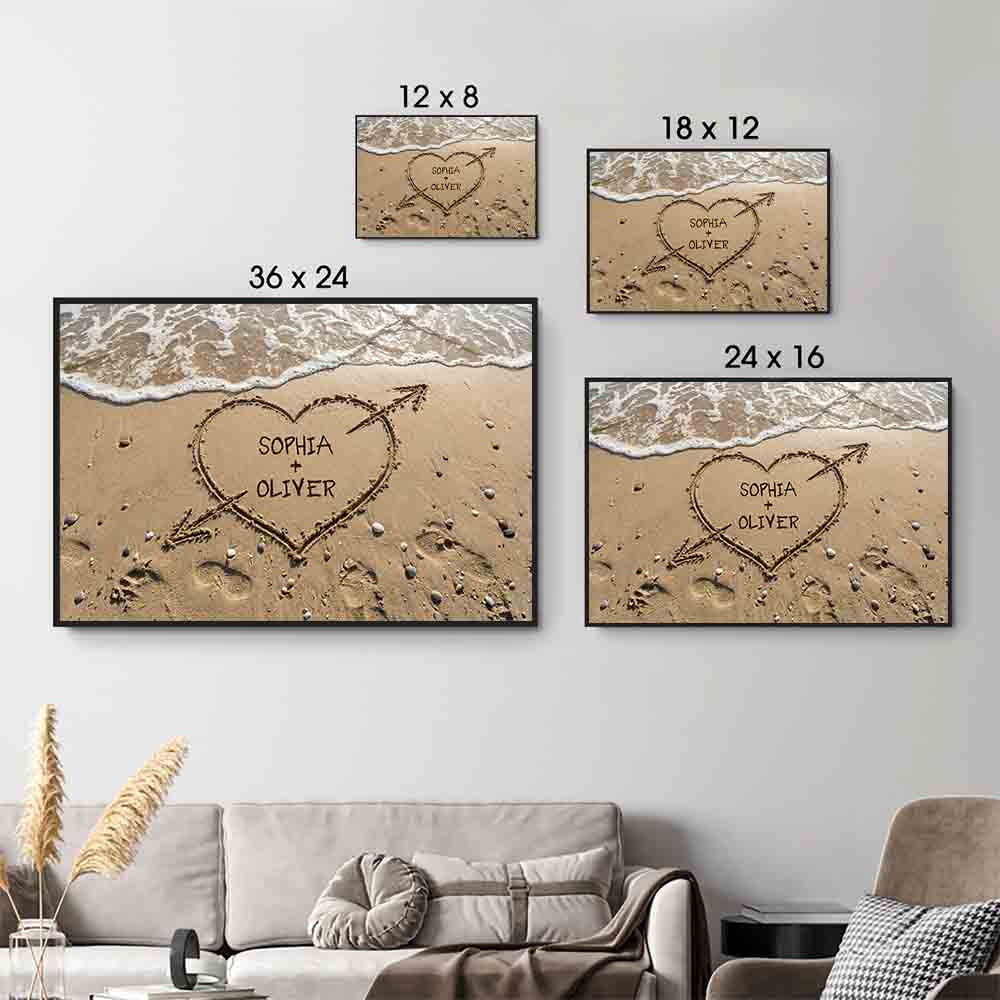 Couple Names Heart in Sand - Personalized Canvas Prints - Gift For Her/Him, Husband/Wife, Couples on Anniversary, Valentine's Day