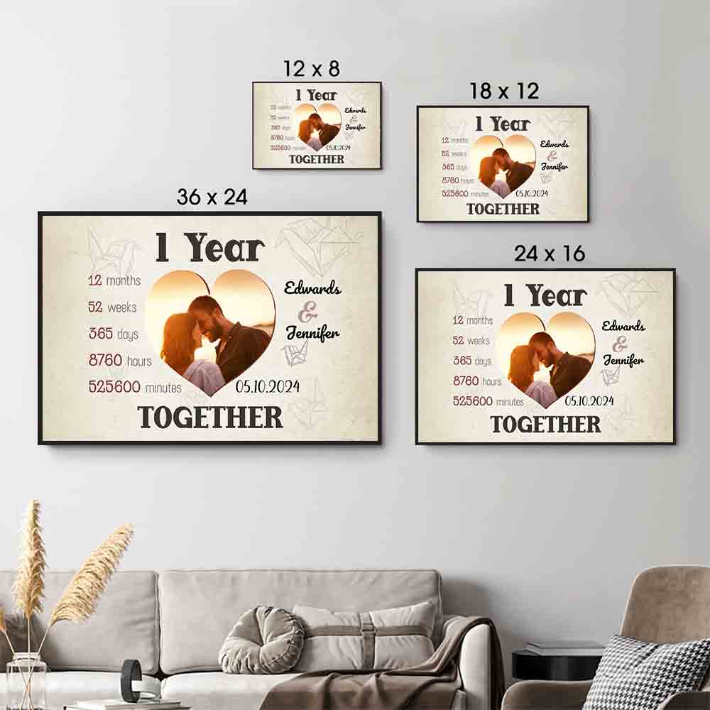 Custom Photo 1 Year Together Heart-Shaped Couple - Personalized Canvas Print - Gift For Her/Him, Husband/Wife, Couples on Anniversary, Valentine's Day