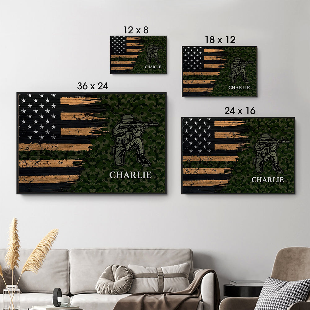 Half Thin Green Line Patriotic American Flag - Personalized Canvas - Gift For Army, Military Veteran Dad Grandpa Veteran