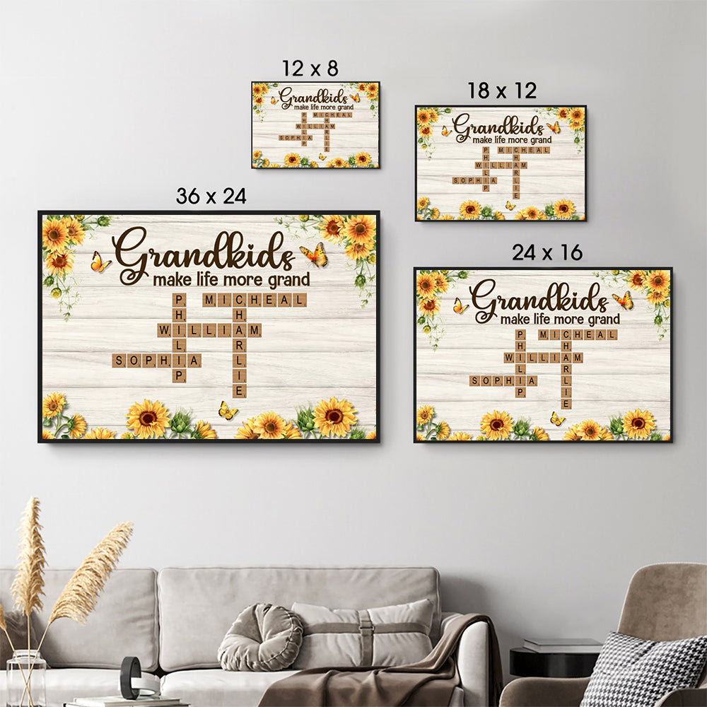 Grandkids Make Life More Grand Crossword Puzzle Sunflower - Personalized Canvas - Gift for Grandma, Nana, Grandparent
