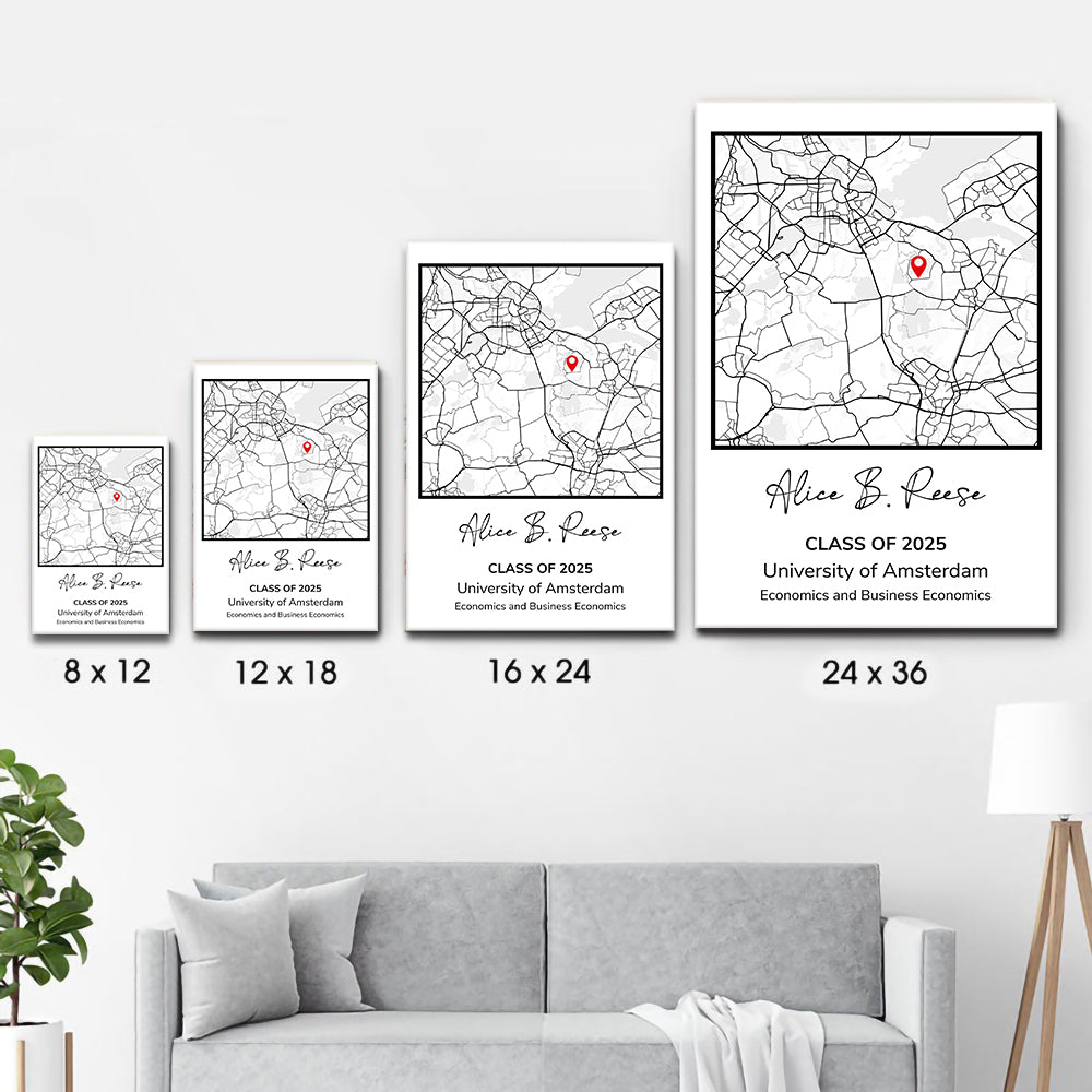 Graduation Gift Map Print - Personalized Canvas Print - Graduation Gifts, Presents & Ideas For Her/Him, Grad Ceremony, Commencement, Convocation, College & University