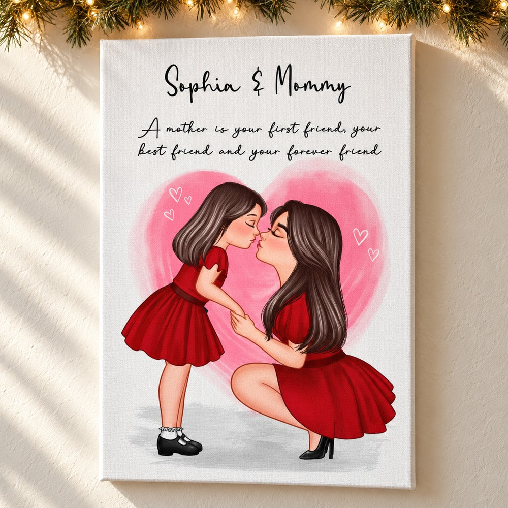 Personalized mom and kid canvas print hanging on wall with holiday pine garland