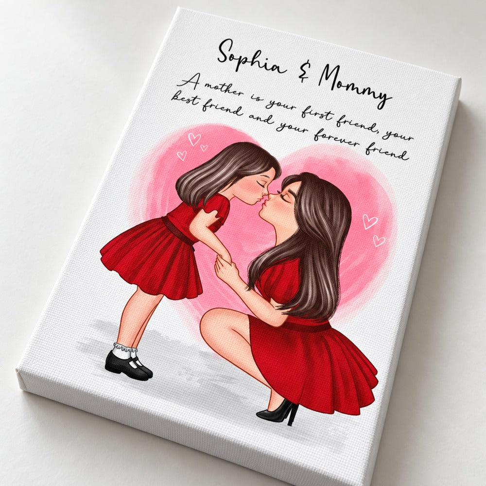 Corner detail of gallery wrapped canvas print showing red dress illustration