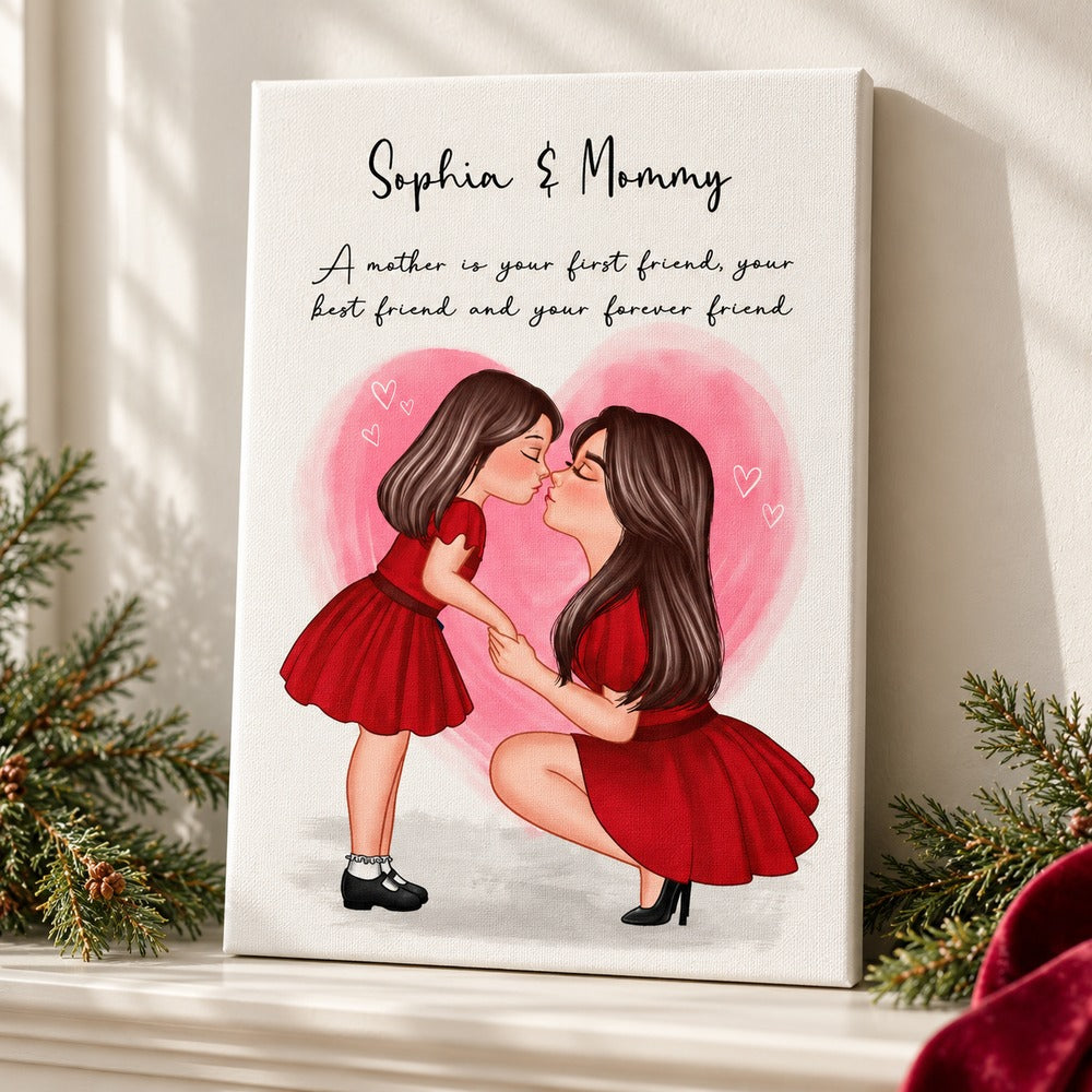 Personalized gift for mom canvas print on mantel with soft winter greenery
