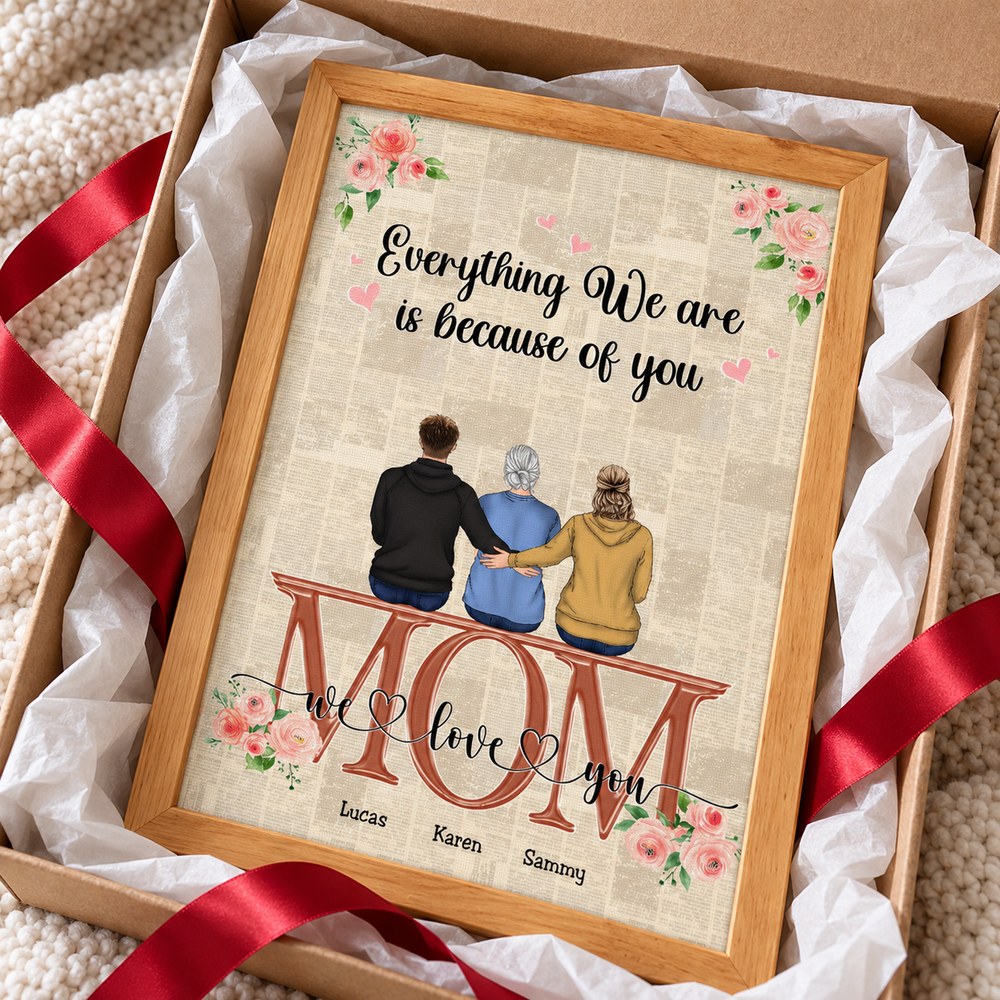 Personalized Mom framed canvas print in an open gift box with ribbon and tissue paper