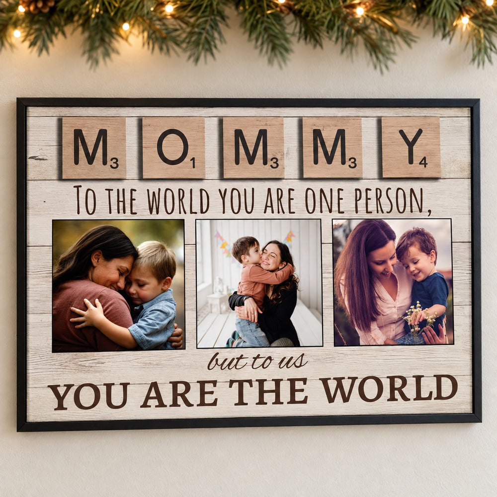 Mommy You Are The World personalized photo canvas on wall with holiday garland