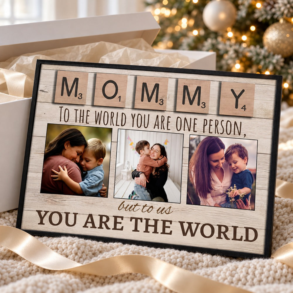 Personalized Mommy photo canvas print presented with gift box and ribbon