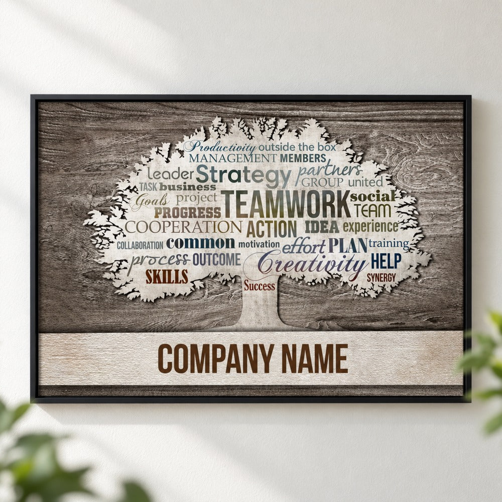 Personalized company name teamwork tree canvas print on modern office wall