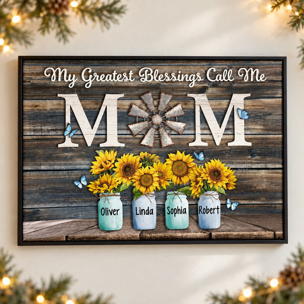 Personalized Mom sunflower canvas wall art hanging on wall with holiday garland