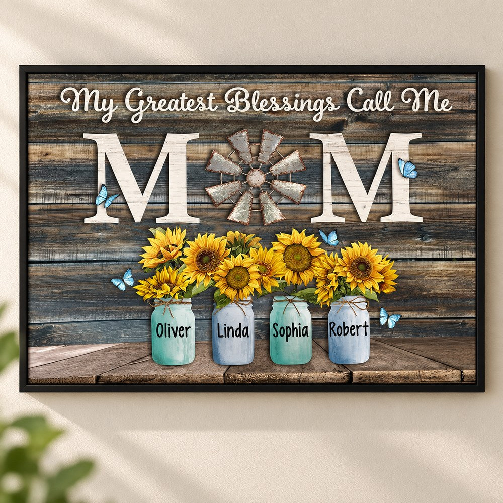 My Greatest Blessings Call Me Mom personalized canvas displayed on a home wall