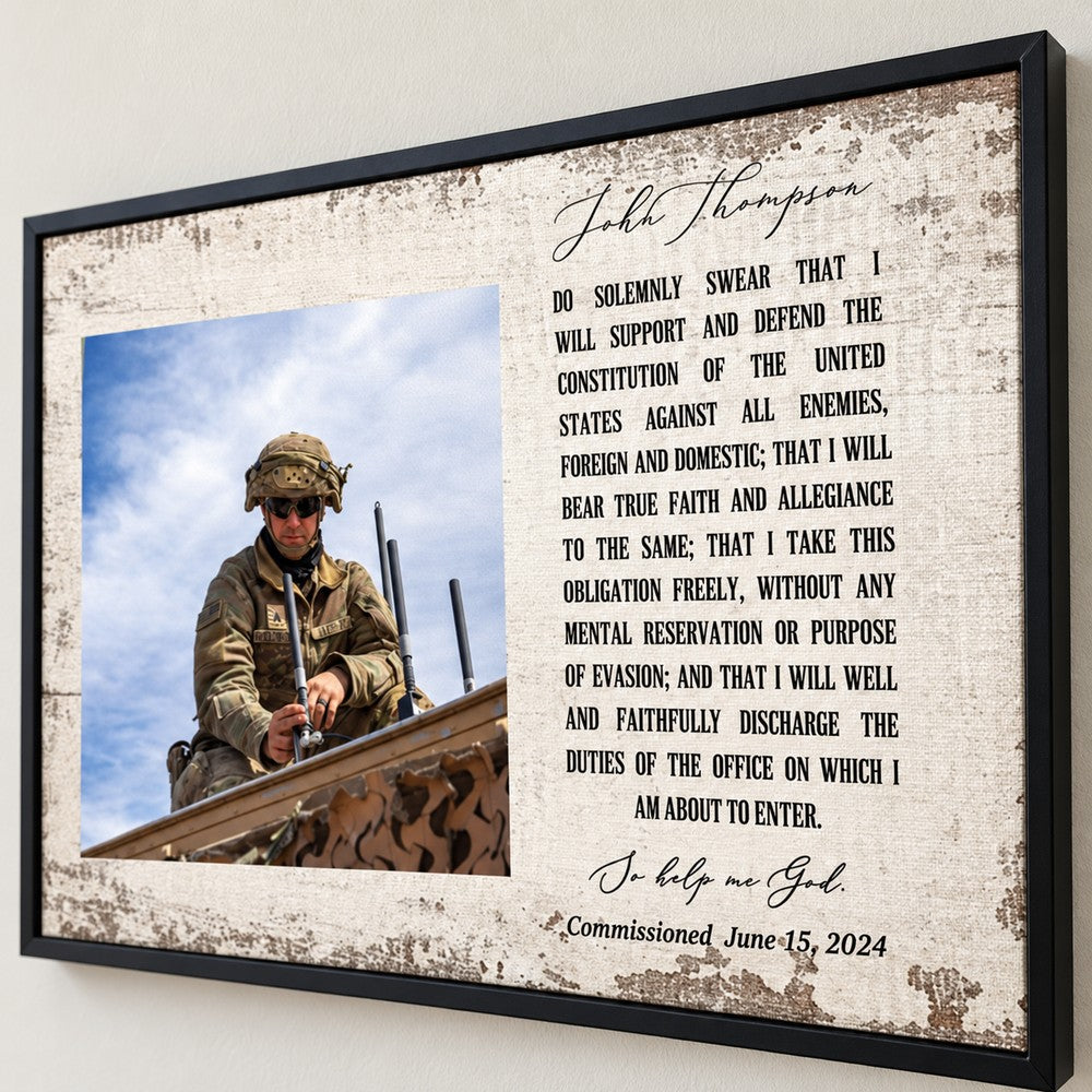 Close-up detail of canvas texture and Oath of Commissioned Officer typography