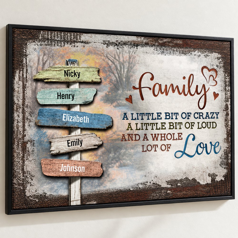 Close-up detail of personalized family signpost canvas print texture and printed name planks