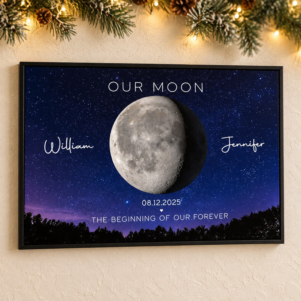 Our Moon personalized couple canvas print hanging on a wall with holiday garland and fairy lights