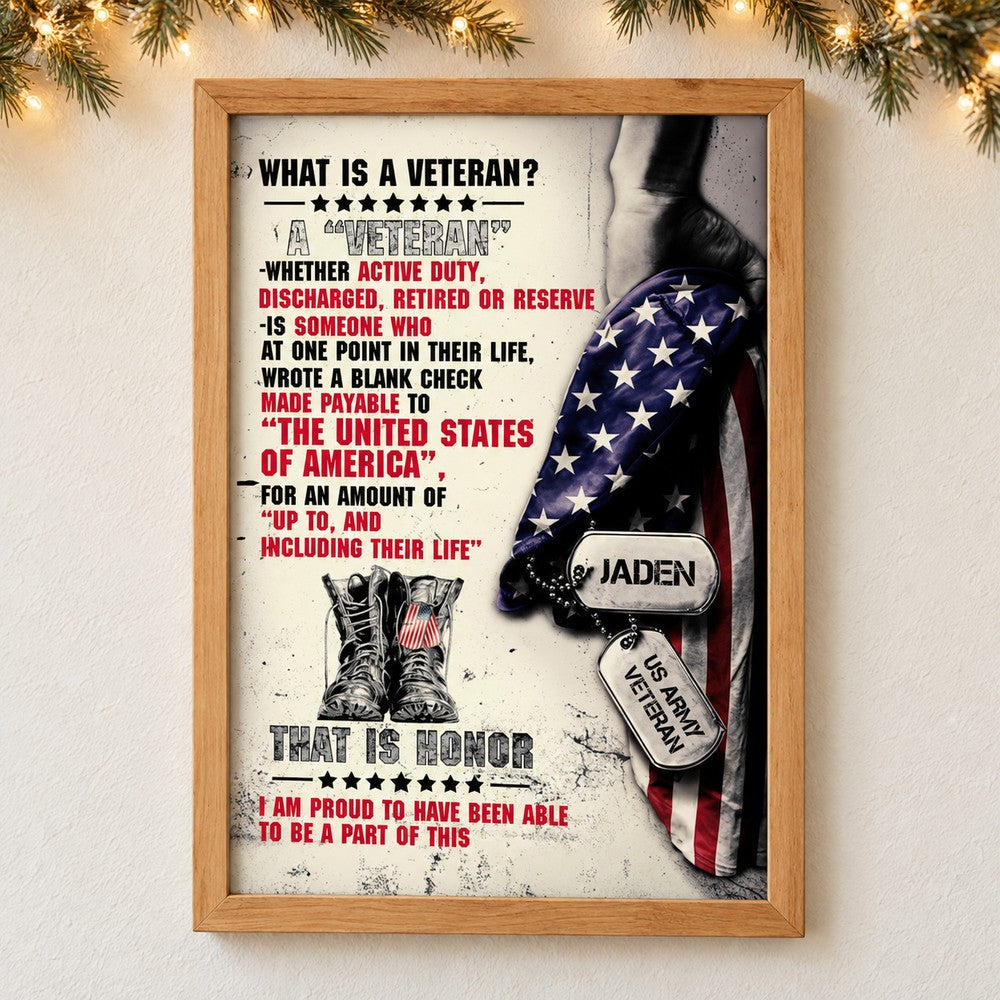 Personalized Proud Veteran framed canvas print hanging on a wall with holiday garland and warm fairy lights