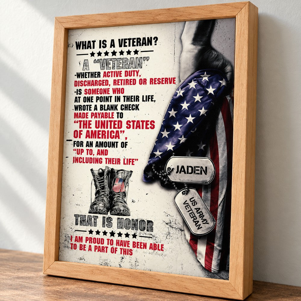 Close-up detail of personalized JADEN dog tag print texture and wood frame on the veteran canvas