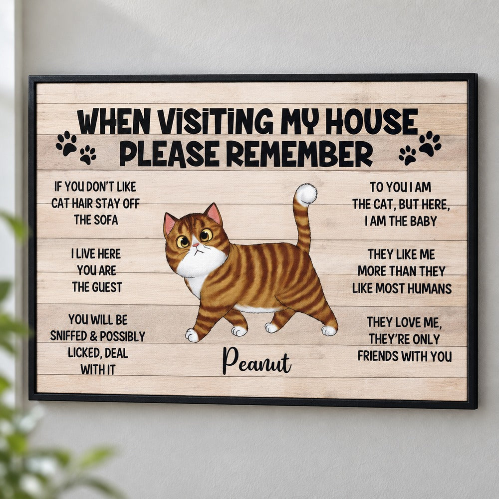 Personalized Peanut cat rules canvas wall art displayed on a bright hallway wall