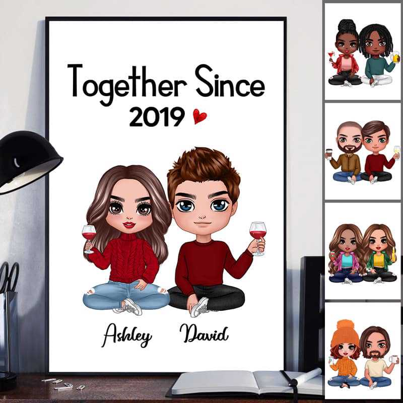 Doll Couple Sitting - Personalized Canvas Print - Gift For Her/Him, Husband/Wife, Couples on Anniversary, Valentine's Day