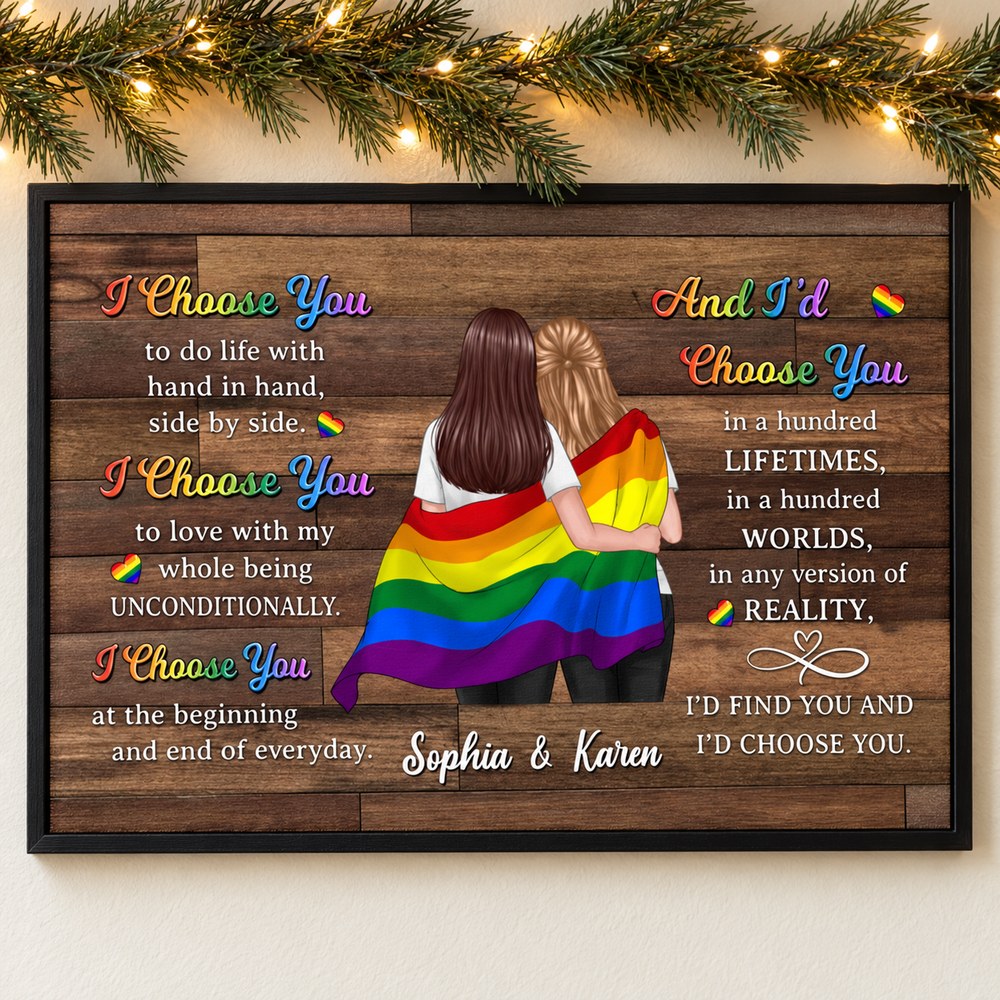 Personalized LGBTQ couple I Choose You canvas print hanging on wall with holiday garland and lights