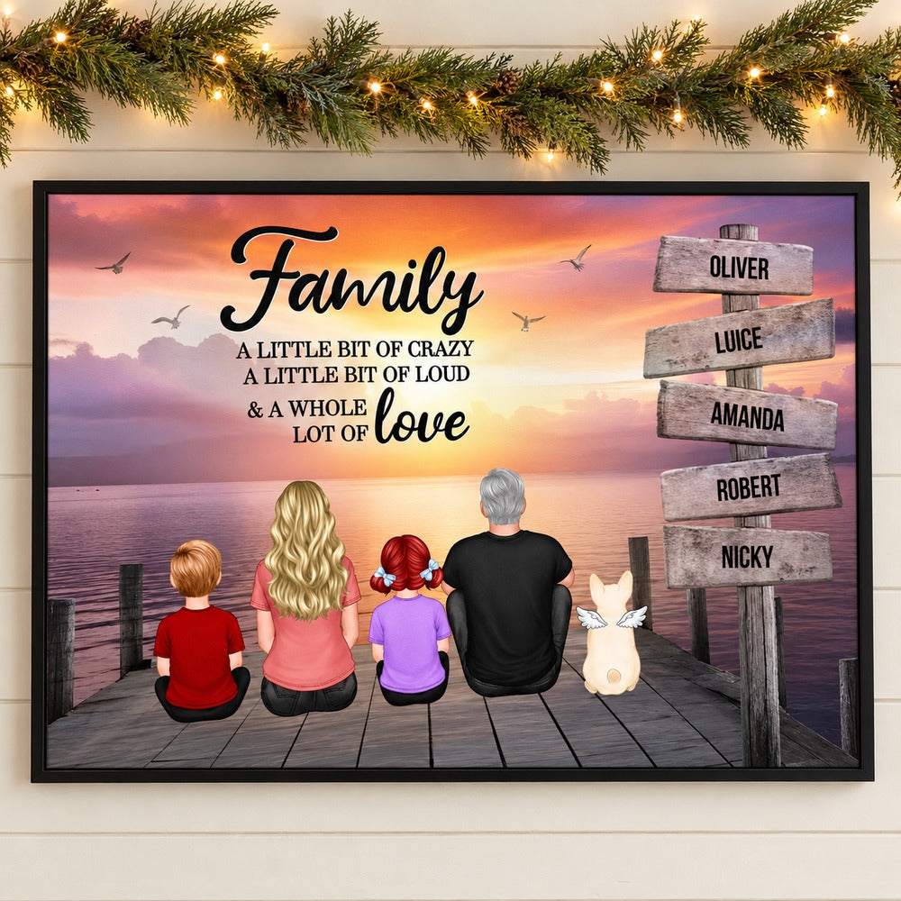 Personalized Family sign posts canvas wall art hanging on wall with holiday garland