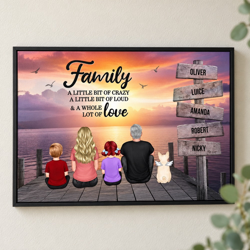 Retro vintage Family A Little Whole Lot of Love framed canvas displayed on a home wall