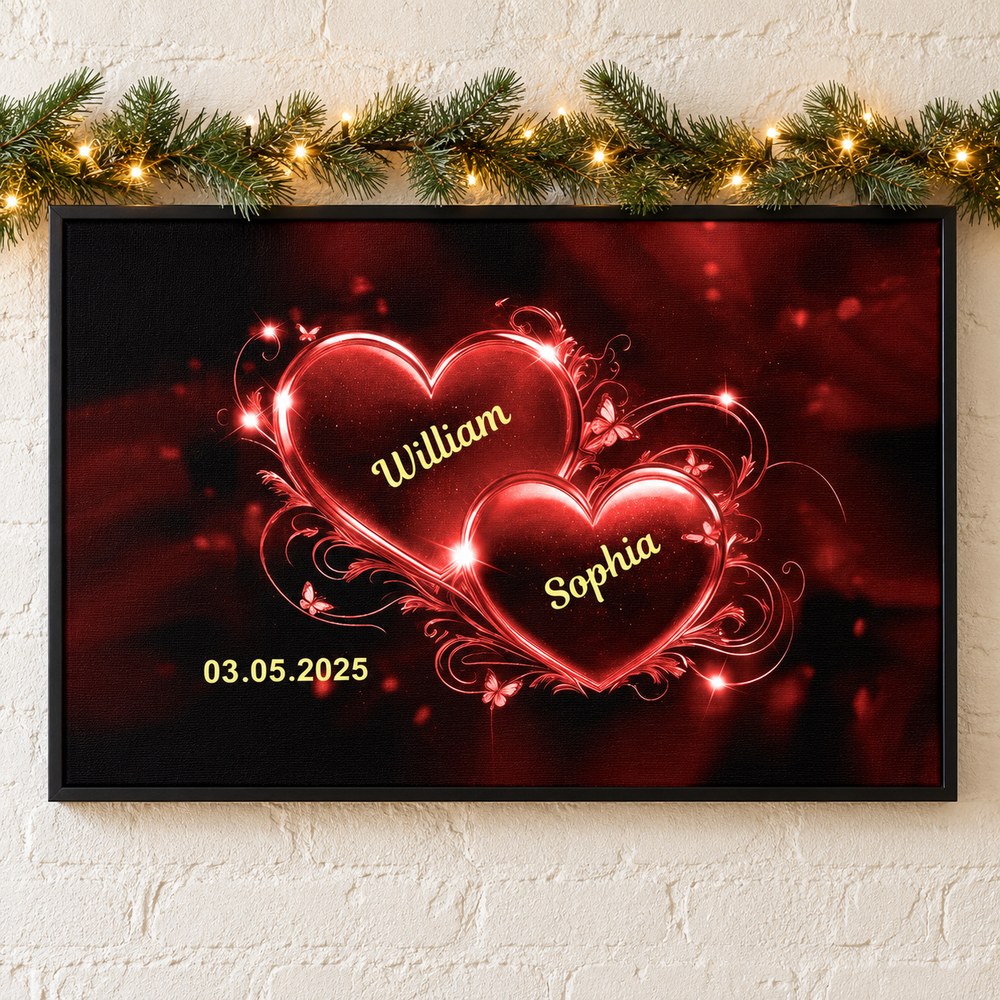 Romantic Couple Heart personalized canvas on wall with holiday garland and fairy lights