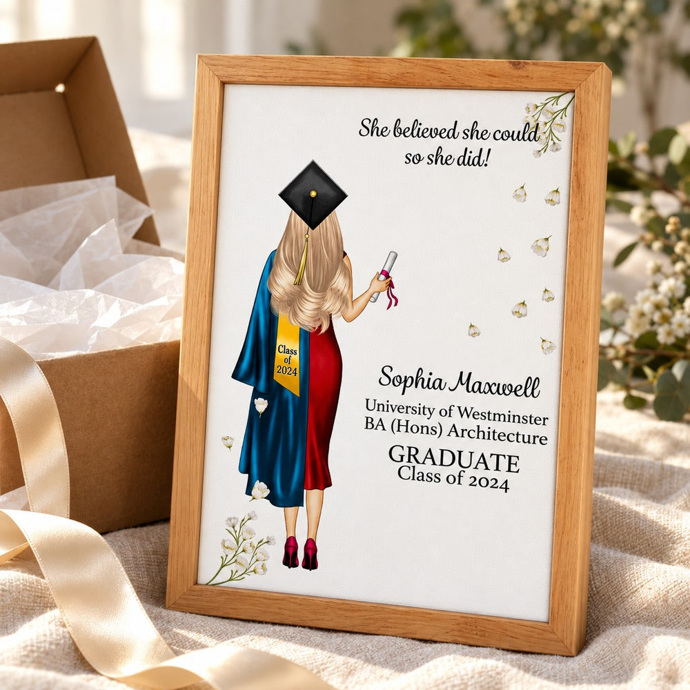 Graduation personalized framed canvas print next to an open gift box with ribbon and tissue