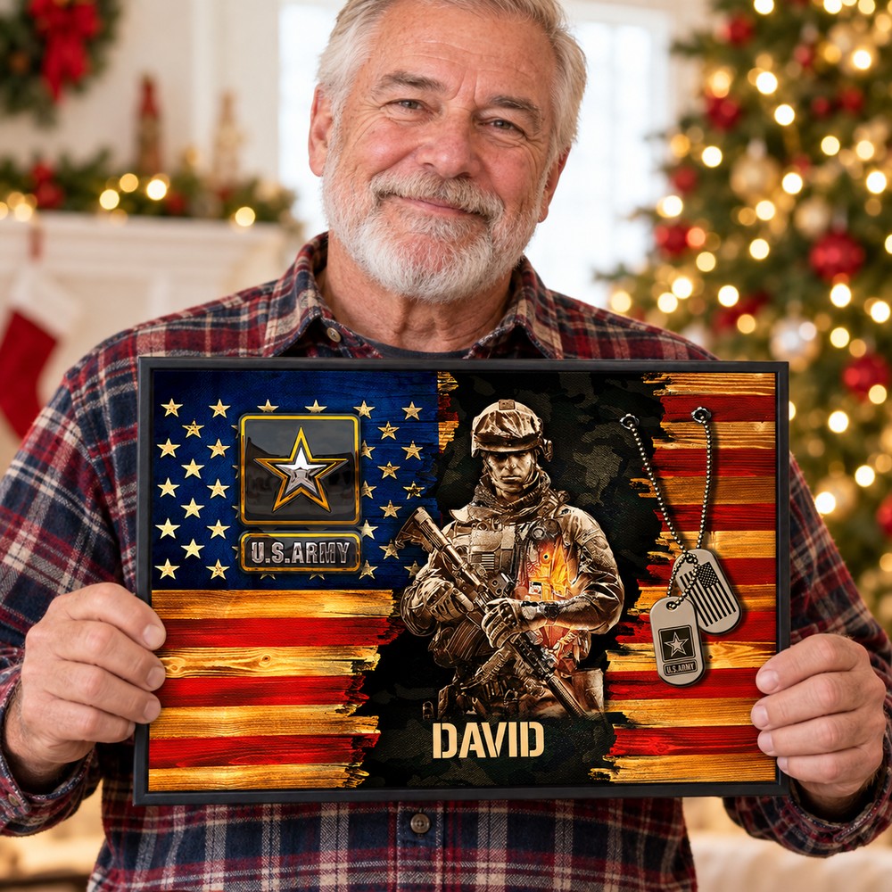 Military veteran dad holding personalized U.S. Army soldier rustic American flag canvas print