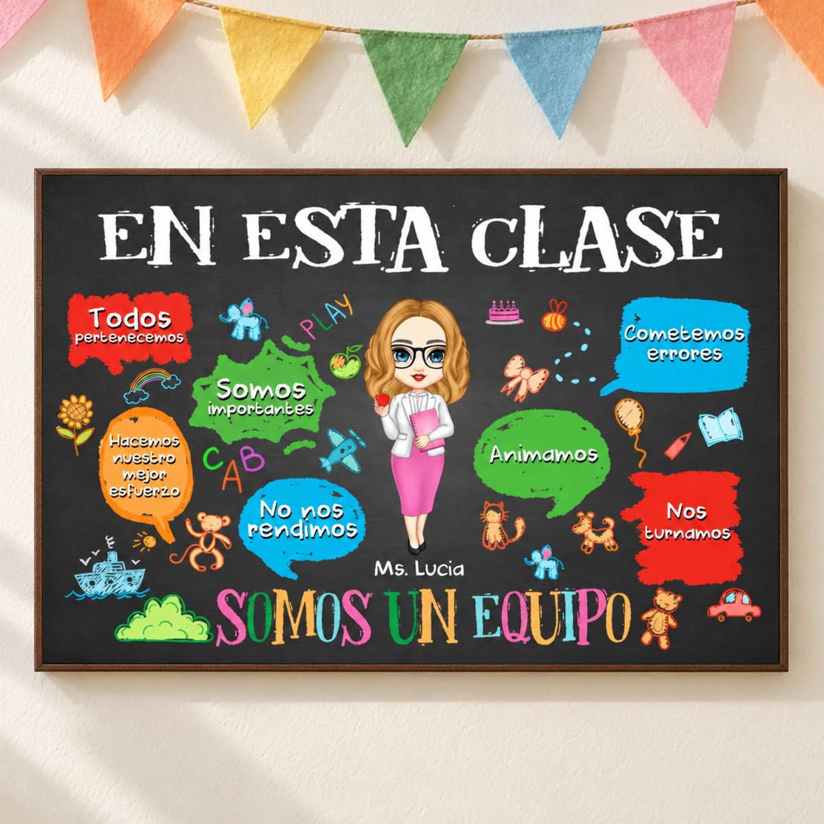 Spanish classroom team personalized canvas hanging on a bright classroom wall with colorful bunting